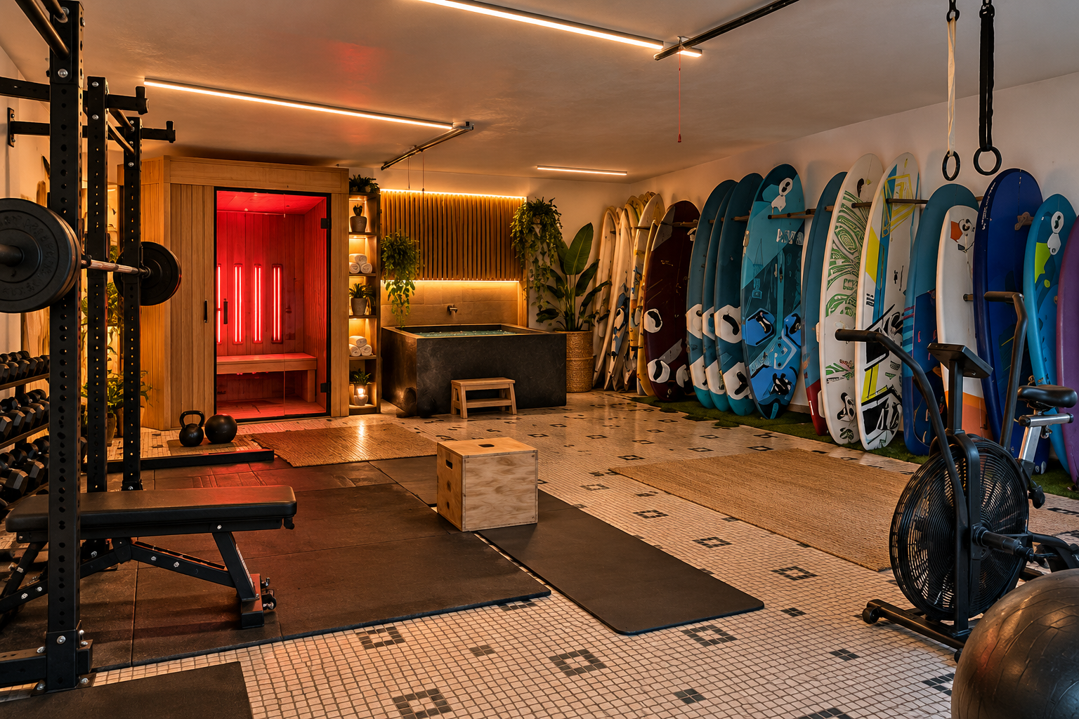 El mismo garaje transformado: zona de entrenamiento, cabina de luz roja, sauna compacta y baño de frío, manteniendo las tablas de surf