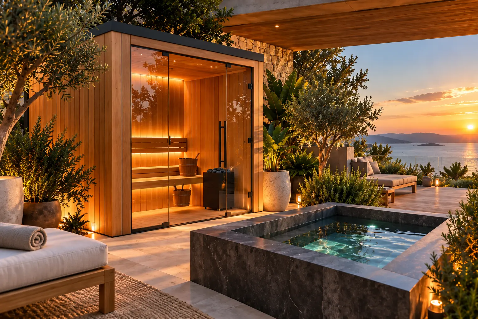 Sauna acristalada y baño de frío en una terraza frente al mar
