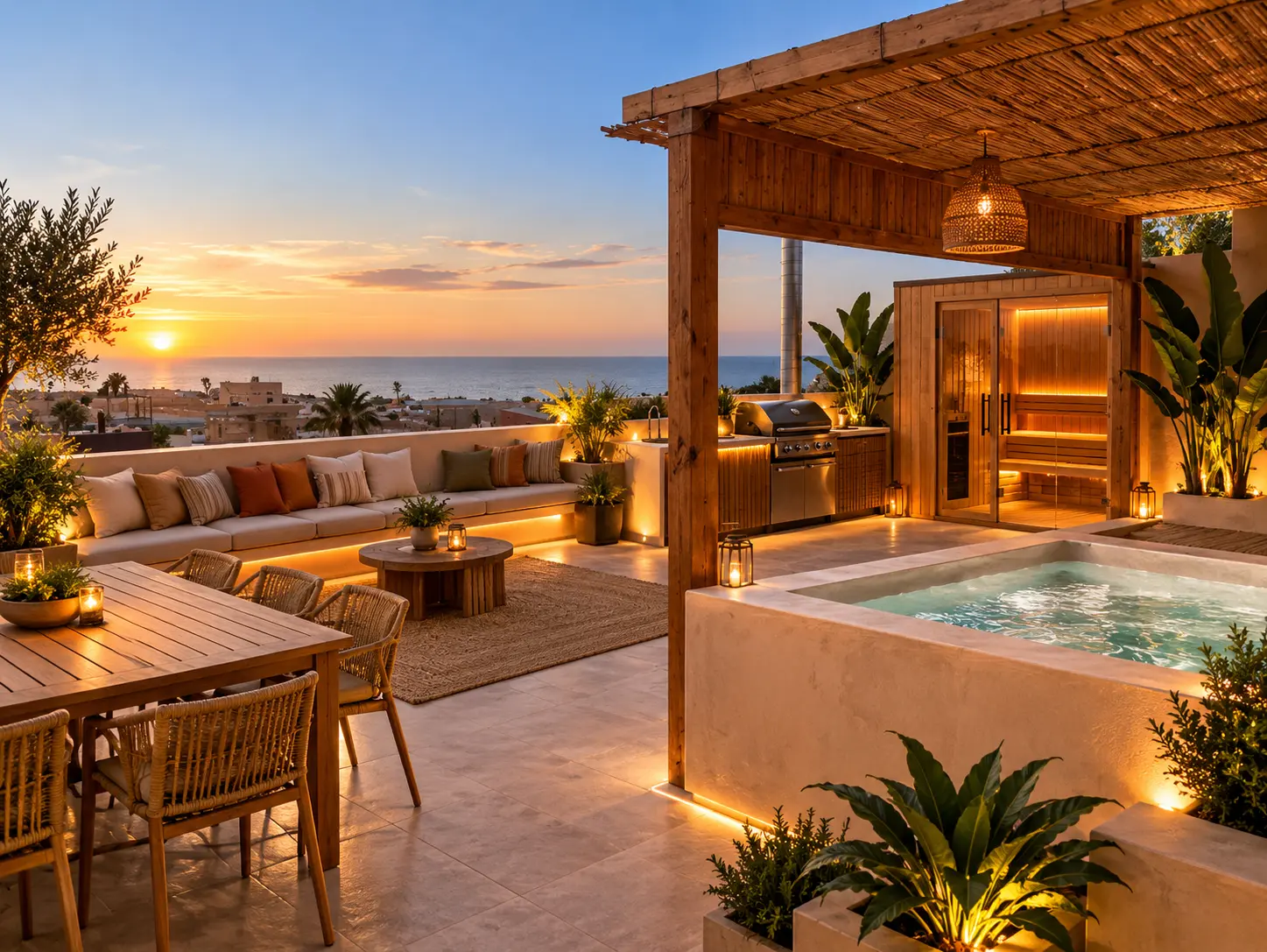 Azotea al atardecer con sauna, piscina de inmersión y zona chill-out