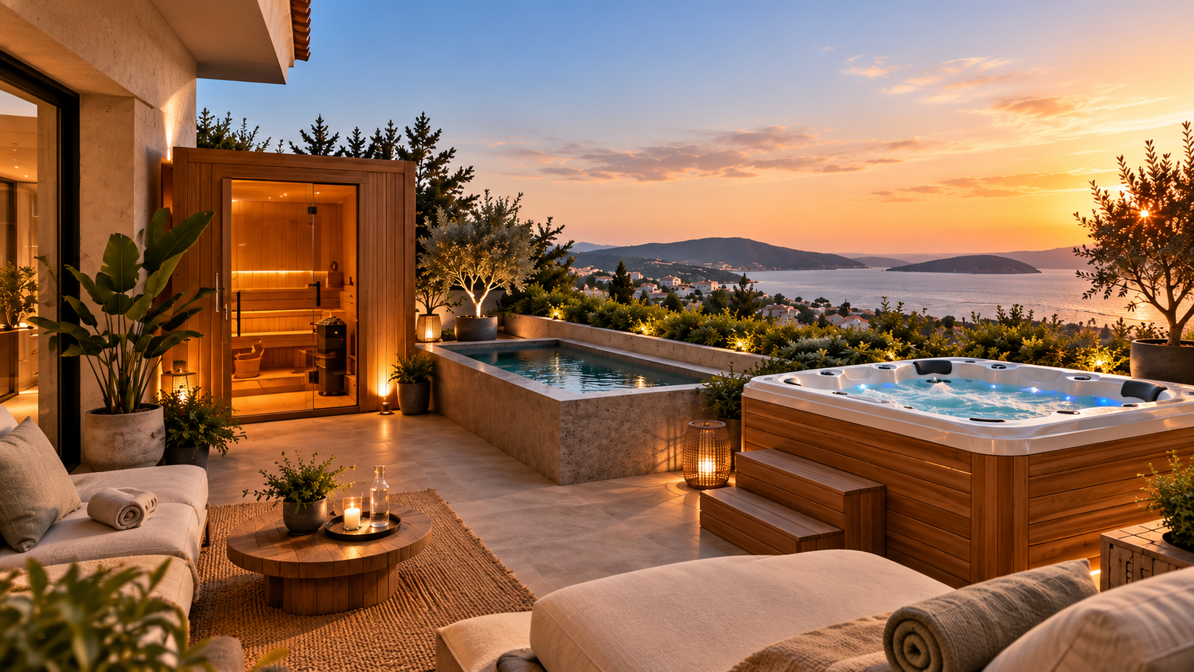 Terraza al atardecer con sauna de madera, piscina de inmersión, jacuzzi y zona de descanso con vistas al mar