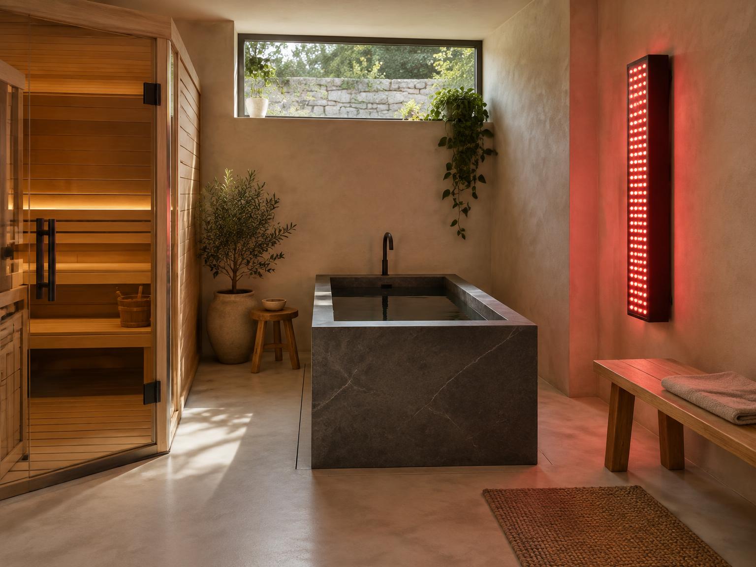 Recovery room residencial con sauna de madera, baño de frío de piedra y panel de luz roja